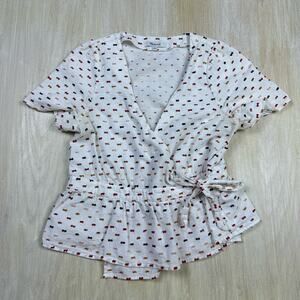 Madewell White Wrap Blouse with Red, Yellow, and Black Dot Print